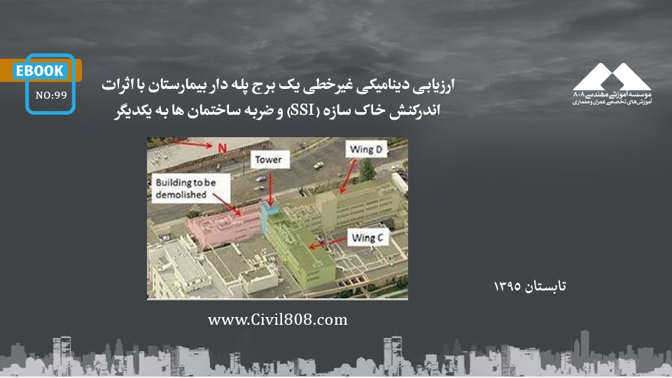 ایبوک ۹۹: ارزیابی دینامیکی غیرخطی یک برج پله دار بیمارستان با اثرات اندرکنش خاک سازه (SSI) و ضربه ساختمان ها به یکدیگر
