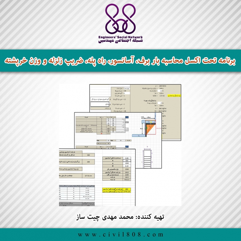 برنامه تحت اکسل محاسبه بار برف، آسانسور، راه پله، ضریب زلزله و وزن خرپشته